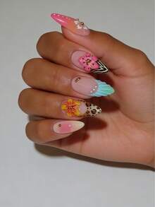 24片杏仁形亚克力美甲贴片，3D亚克力纤维假指甲，镶嵌水钻，扇形五瓣豹纹法式设计，包含1支果冻胶和1把指甲锉，适合派对、活动、日常佩戴。适合女性和女孩。包含美甲工具。可塑形美甲套装 - 彩色 - 查看 7