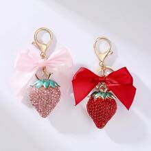 Girl's Heart-Shaped Rhinestone Strawberry Keychain, Alloy Paved Rhinestone Bow & Lobster Clasp Pendant, Sweet Fashionable Bag Charm, Popular Small Gift - Multicolor - View 3