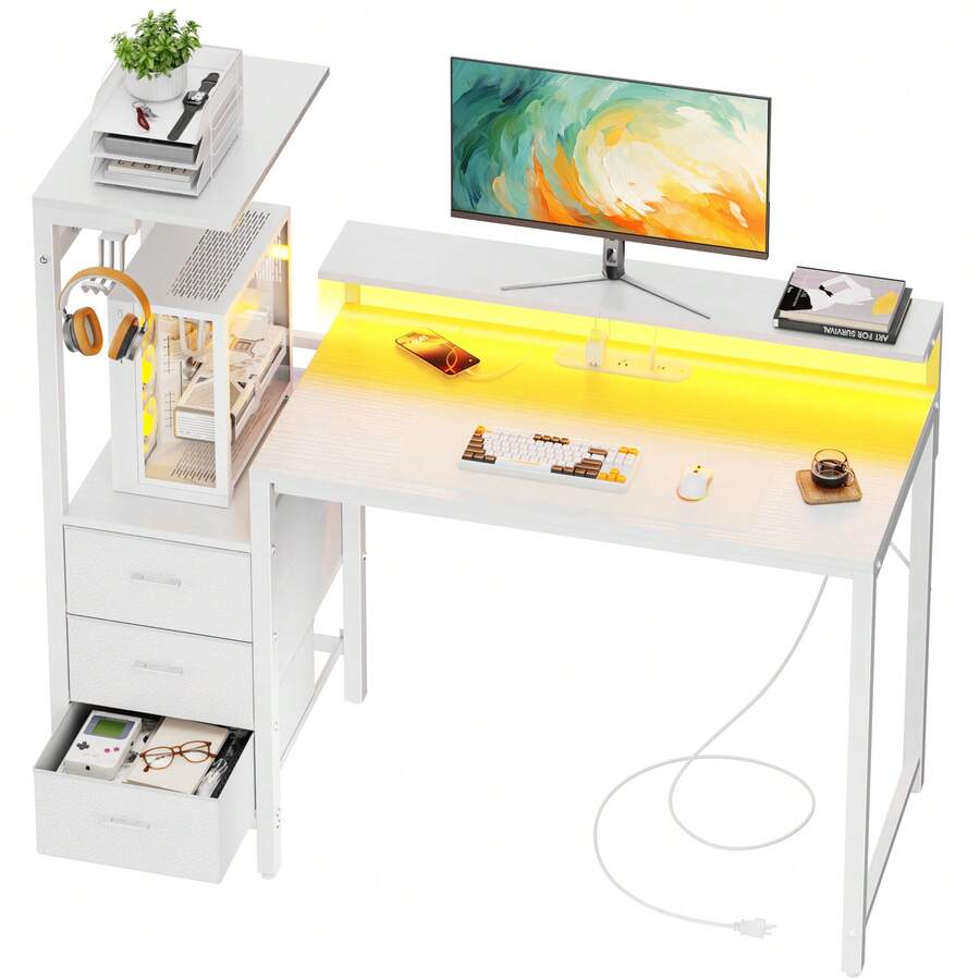 HLDIRECT Gaming Desk With Monitor Stand & Dresser, LED Lights, Built-In Power Outlets & USB Charging, Home Office Computer Desk With Storage Drawers, PC Tower Stand & Headphone Hook, Modern Workstation For Bedroom & Living Room - Xem 1