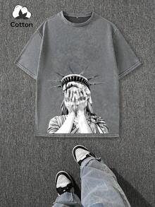 Męska koszulka w dużym rozmiarze z nadrukiem Statua Wolności i grunge, z okrągłym dekoltem, z krótkim rękawem, do noszenia na co dzień - Szary - Zobacz 1