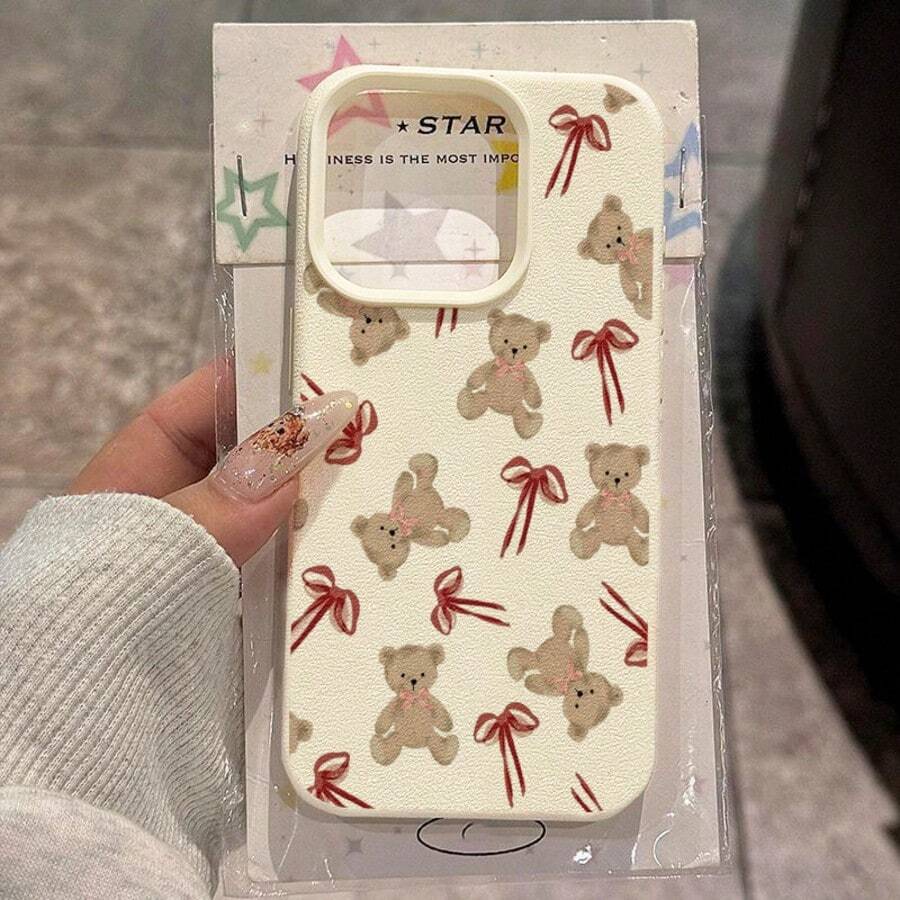 1pc TPU Soft Cute Red Bow Bear Pattern Phone Case Compatible With IPhone 17 Pro Max/17/16 Pro Max/15/13/12/11, S20 FE/A15/S24/A55, Note 11/Note 12/Note 13 Pro, Full Coverage Anti-Drop Soft Protective Phone Cover - White - View 1