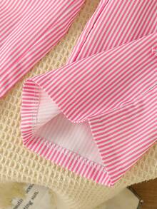 Set de 2 piezas Conjunto de primavera/verano para niñas pequeñas, Camiseta de seda de leche con estampado de moño + Pantalones de algodón fresco con estampado a rayas, Lindo y dulce - Rosa - Ver 8