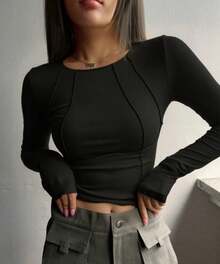 Elegante top de manga larga con cuello en V para mujer, muy elástico, manga regular, tela de lona negra - Rojo y negro - Ver 1