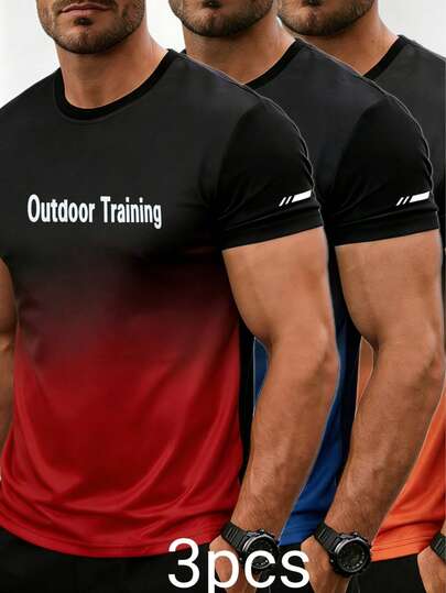 3 piezas Camisetas deportivas de secado rápido para hombres - Tops deportivos transpirables degradados, adecuados para entrenamiento al aire libre, correr, gimnasio y actividades al aire libre