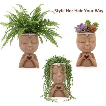 18.5cm Face Planter With Heart-Shaped Hands, Indoor Plant Resin Flower Pot With Drainage Hole, Cute Succulent Planter, Gardening Gift For Women, Mothers, Teachers