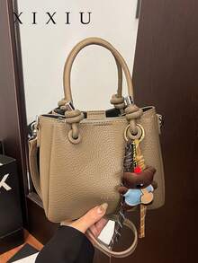 New Women's Bucket Bag With Unique Design, Featuring A Bear Charm, Solid Color, Perfect For Everyday Wear And Shopping, Versatile Shoulder Bag. - Khaki - View 2