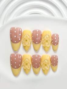 10件套夏季波点美甲套装，亚克力美甲装饰，手工制作的五瓣纯色花朵配金色珠子，白色波点美甲贴纸，黄色指甲油，可爱少女风，包含美甲工具（1个果冻贴纸+1个指甲锉），有方形、短方形和杏仁形可选，适合女性和女孩的手工按压式美甲贴片 - 彩色 - 查看 15