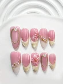 10pcs Early Spring Polish Gel Nail Art Set, Acrylic Pressed Nail Stickers, White 5-Petal Flowers, Gold & White Rhinestones, Gold Glitter Halo Design, Solid Color Water Wave Nail Decor, Pink 5-Petal Flowers, Cream Yellow Nail Polish, Sweet French Style, Includes Nail Tools (1 Jelly Sticker + 1 Nail File), 3 Sizes Available: Square, Short Square, Almond Handmade Press On Nails - Multicolor - View 17