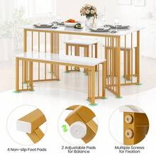 COSTWAY 4 Piece Dining Table Set, Rectangular Kitchen Table With Bench & 2 Stools, Modern Dinette Table Set With Wing-Shaped Metal Legs, Marble Grain For Small Space, Dining Room, Apartment, White - White - View 8