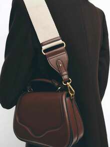 Wide Adjustable Shoulder Strap; Metal Buckle Closure; Mixed Material Design - Coffee - View 5