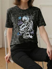 2026夏季新款女式休闲宽松圆领动漫Y2K印花图案T恤，复古做旧街头时尚百搭短袖T恤 - 黑色 - 查看 4