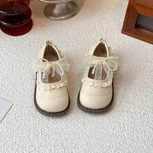 Girls' Butterfly Pearl Hook And Loop Lace Flat Shoes, Comfortable & Versatile Princess Shoes - Beige - View 5