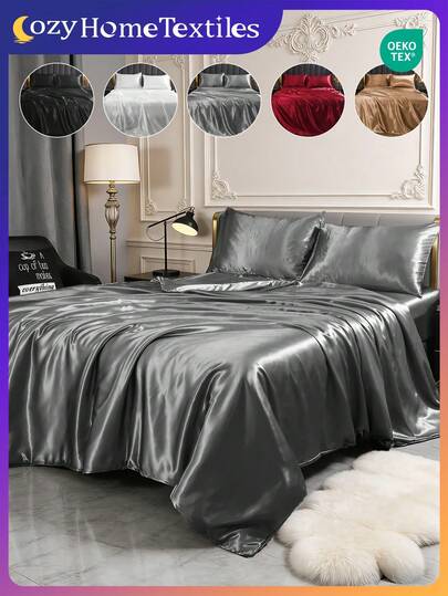 2/3pcs Satin Duvet Cover Set, Soft & Comfortable Bedroom Bedding Set, Solid Color Skin-Friendly Duvet Cover Set, 1/2pcs Pillowcase And 1pc Duvet Cover, Suitable For All Bed Sizes - Twin/Full/Queen/King, Soft & Breathable, Silver, Oeko-Tex Certified