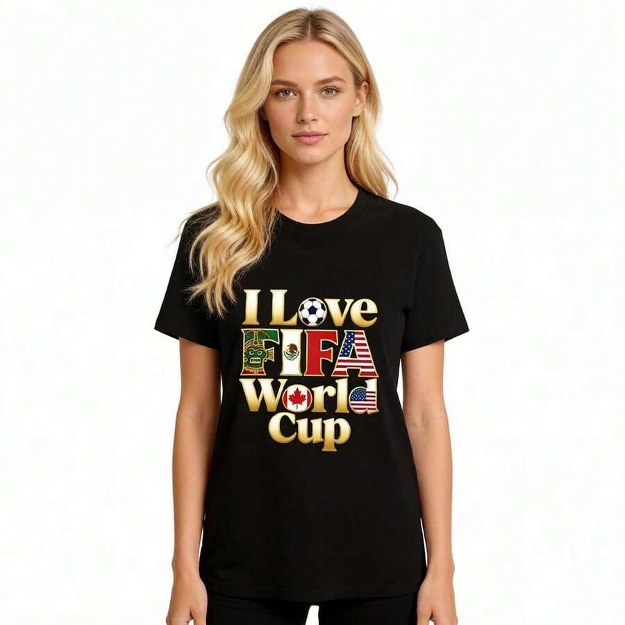 I Love FIFAs World Cup 2026 T-Shirt USA Mexico Canada Soccer Fan Tee Crew Neck Fitted Short Sleeve Casual Cotton Top. - 黑色 - 查看 1