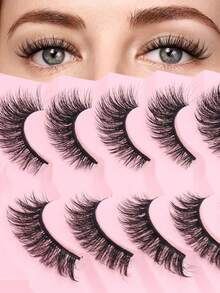 7对装假睫毛，纤细轻盈，D卷翘猫眼睫毛，自然狐狸眼假睫毛，蓬松仿貂毛条状假睫毛 - 黑色 - 查看 2