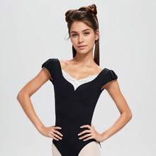 Daydance1 女士芭蕾舞紧身衣 V领舞蹈紧身衣蕾丝拼接体操紧身衣成人芭蕾舞者泡泡袖芭蕾舞连体衣 - 黑色 - 查看 3
