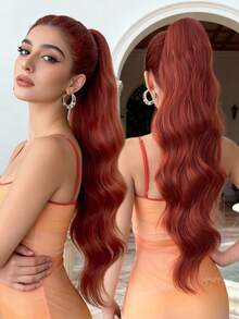 28 Inch Heat Resistant Fiber Orange Wavy Ponytail Clip-On Wig - Dirty Orange - View 3