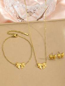 Bộ trang sức 3 món bằng thép không gỉ mạ vàng, mặt dây chuyền hình bướm thanh lịch, gồm dây chuyền, vòng tay và bông tai, thích hợp làm phụ kiện đeo hàng ngày hoặc quà tặng cho bé gái. - Vàng - Xem 3