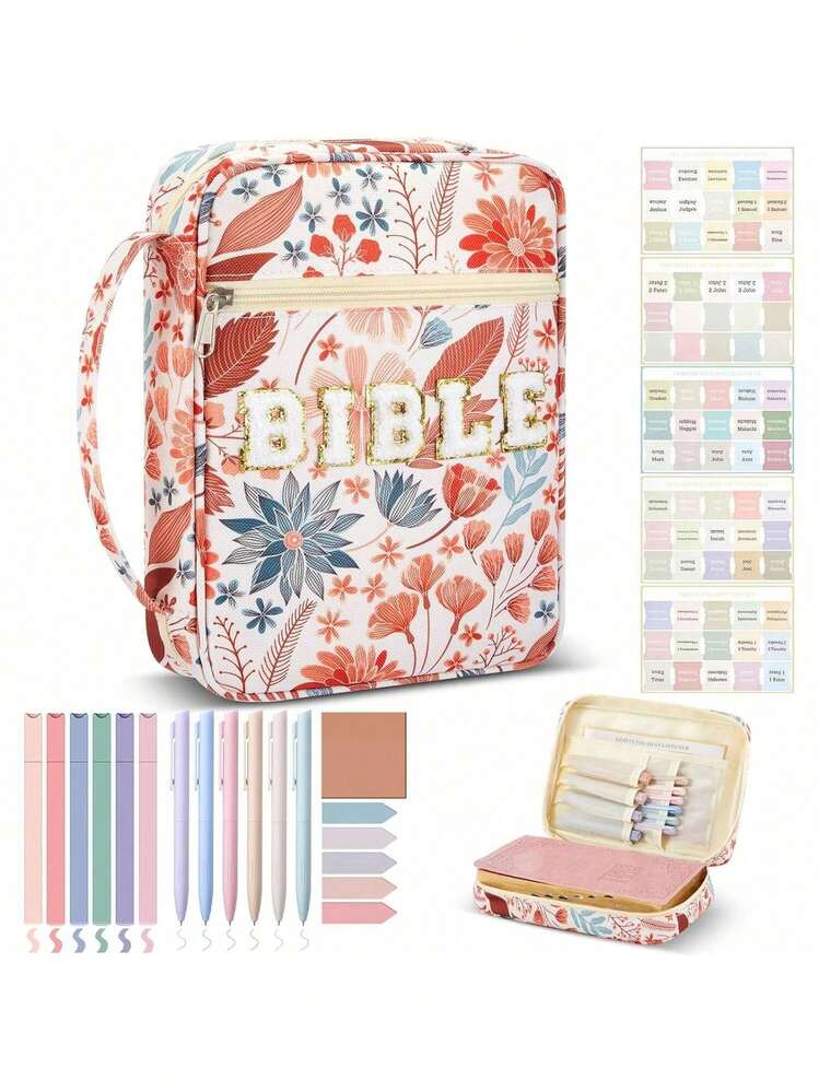 Juego de Biblias de gran tamaño para mujeres, con asa duradera, bolsa de transporte acolchada para Biblias, adecuada para suministros de estudio bíblico para niñas (solo la bolsa, sin incluir bolígrafo, cuaderno y notas adhesivas) - Multicolor - Añade 5