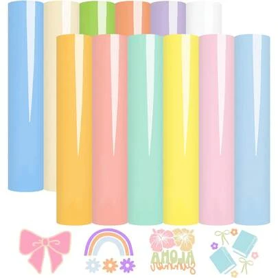 12pcs/Set Bohemian Colorful Permanent Vinyl Paper - 12"X10" Pastel Craft Vinyl Paper, Glossy Adhesive Vinyl For DIY Projects Compatible With Silhouette Cameo