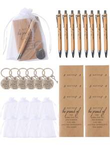 12件套/3套励志礼品套装，包含可伸缩竹笔、钥匙扣和感恩笔记本，学生毕业礼物（4件套=1支笔+1本口袋励志笔记本+1个励志钥匙扣+1个收纳袋） - 棕色 - 查看 2