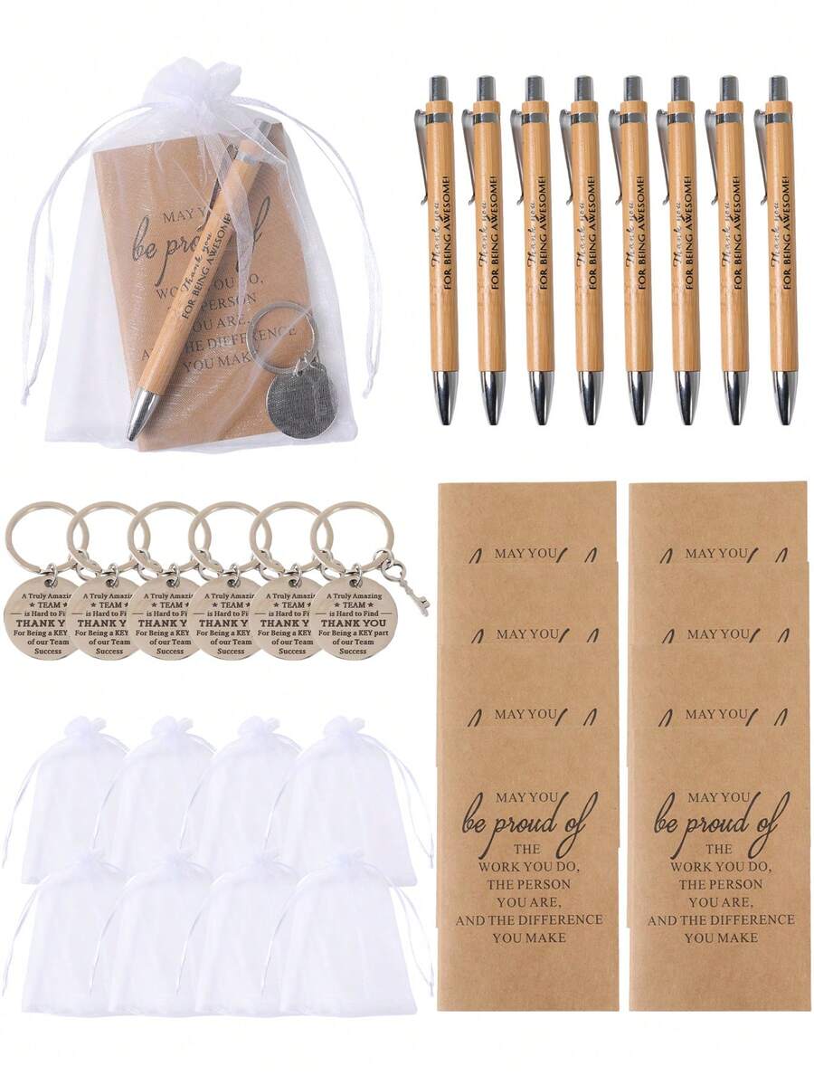 12件套/3套励志礼品套装，包含可伸缩竹笔、钥匙扣和感恩笔记本，学生毕业礼物（4件套=1支笔+1本口袋励志笔记本+1个励志钥匙扣+1个收纳袋）