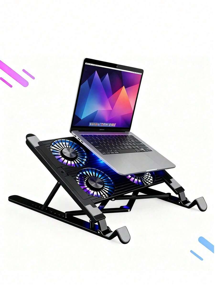 可折叠可调节USB笔记本电脑散热垫，带4个LED静音风扇和防滑散热底座