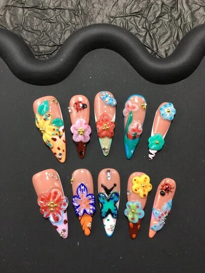 10 Pieces 3.3cm Handmade High-Heeled Nail Suit, Paired With Butterfly, Flower, And Multi-Color Decorations, Suitable For Women And Girls, Valentine's Day, Parties, Festivals, And Daily Wear. Nail Accessories, Acrylic Nail Kit, Including Kit, Hand Pressed Nail Art, Fake Nail Stickers, And Nail Supplies.