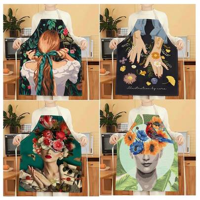 1 قطعة مريلة مطبوعة بنمط الزهور الجميلة، مريلة طباعة إبداعية وطريفة، مريلة تنظيف المنزل، مريلة طبخ سهلة التنظيف للمطبخ، مريلة منزلية إبداعية