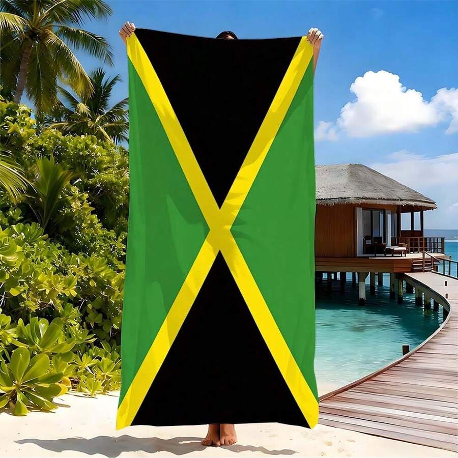 Jamaica Flag Beach Towel, Classic Green Black Yellow Printed Quick-Dry Microfiber Bath Towel, Soft Absorbent Pool Towel, Lightweight Portable Travel Towel, Patriotic Beach Blanket, Breathable Summer Travel Accessory, Suitable For Beach, Pool, Vacation, High-Quality Durable Towel, Ideal Gift For Jamaica Enthusiasts, National Flag Theme Vacation Essential - Black and Green - View 1