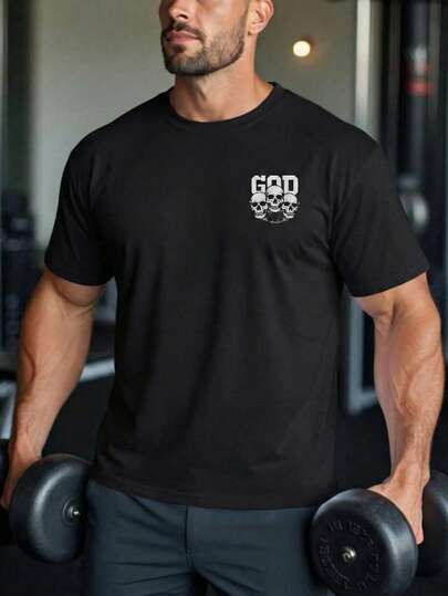 1pc Black Comfortable Soft Round Neck Men's T-Shirt, American Street Style Skull Print, Heavy-Weight Fabric, Non-Pilling And Non-Wrinkle, Machine Washable, Suitable For Gym, Outdoor, Commute And Casual Wear In Summer