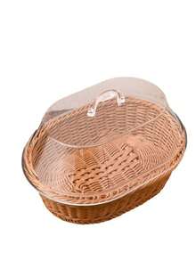 2/1pc Rattan-Look Bread Basket, Vegetable Basket, Oval Snack Tray With Acrylic Cover - Multicolor - View 9