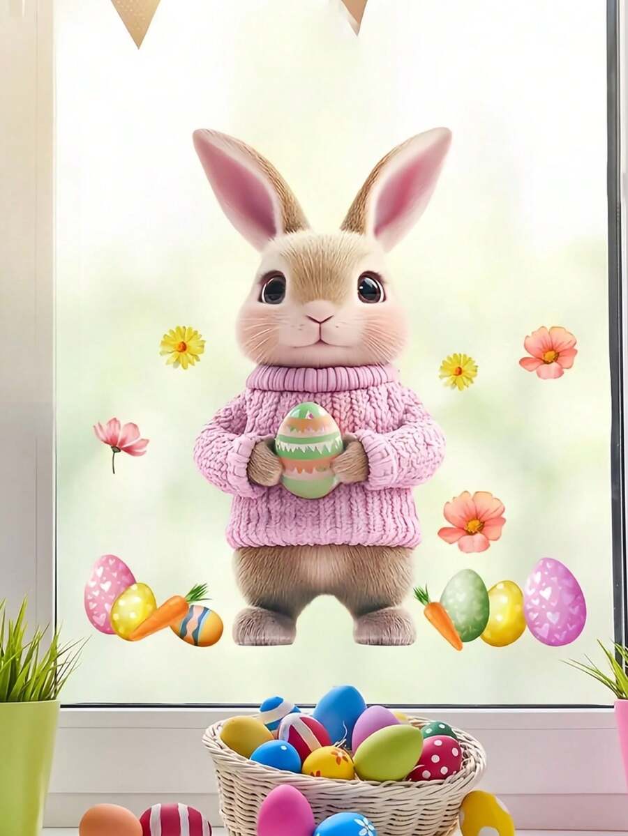 1PC Easter Bunny Window Sticker - Waterproof PVC Wall Sticker, Suitable For Bedrooms, Living Rooms, Porches, And Windows. A Festive Spring Home Decor Gift For Family And Friends. Ideal For Room Decoration, Wall Decoration, Bathroom Decoration, Bedroom Decoration, Living Room Decoration, House Decoration, Home Decor, Living Room Wall Art, And Wallpaper Stickers. - Easter Bunny - View 1