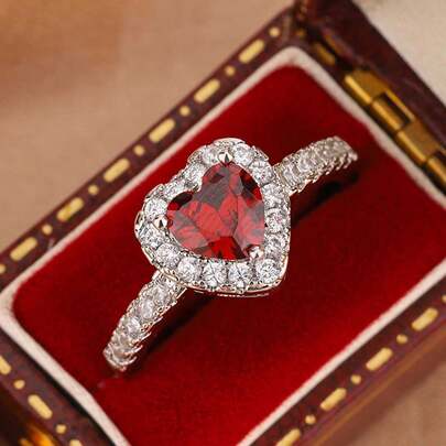 Nhẫn hình trái tim màu đỏ cổ điển, món quà trang sức dành cho phụ nữ vào ngày Valentine hoặc các bữa tiệc.