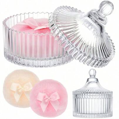 1pc Striped Glass Vanity Jar With Lid, Luxury Victorian Style Container For Cosmetics And Small Accessories, Elegant Bathroom Decor Box, Chic Striped Decorative Container For Loose Powder, Classic Vanity Jar For Bathroom Vanity, Ideal Cosmetic Storage Gift For Women, Powder Puff Jar, Makeup Storage Box, Bathroom Accessory, Valentine's Day Gift, Wedding Season Gift, Gift For Wife And Girlfriend