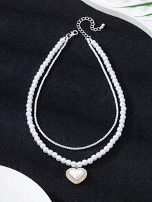 Double Layered Chain Necklace - Heart Pendant With Elegant Charm Of Fashionable Beaded Chain Double Layered Necklace Suitable For Girl's Daily Leisure Matching Classic Style (No Gift Box) - Multicolor - View 2