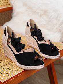 女士休闲度假编织草绳底坡跟厚底凉鞋 - 黑色 - 查看 8