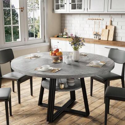 47in Round Dining Table For 4 People, Farmhouse Round Dinner Table Space Saving, Wooden Kitchen & Dining Room Furniture With Storage & Sturdy Metal Legs