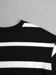Top de manga corta holgado con rayas, estilo informal coreano para primavera y verano - Negro 2 - Ver 2