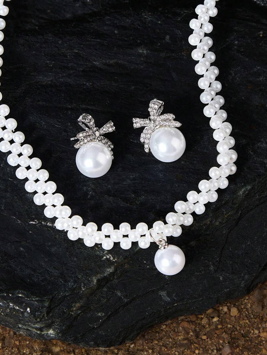 Opalesca 1 Set Minimalist Elegant Silver Rhinestone Bow Faux Pearl Braided Necklace & Earrings Jewelry Set, Chic & Luxurious Design, Suitable For Weddings, Parties, Everyday Wear For Women - Multicolor - View 1