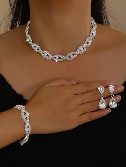 4pcs/Set Necklace, Earrings, Bracelet Jewelry Set For Women, Party, Bride, Wedding Valentine's Day Accessories