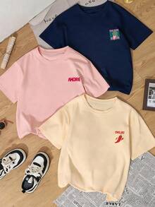 3pcs/Set Summer New Minimalist Chili Pepper Design Print Casual Round Neck Short Sleeve T-Shirt, Fashionable & Versatile Women Tops - Navy Blue, Pink, and Apricot - View 2