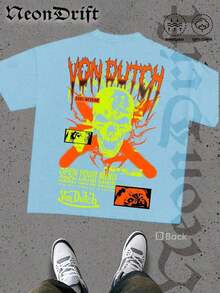 SummerNeonDrift Street Double-Sided Printing Cotton T-Shirt 100% Cotton Fabric Unisex Style-Men T Shirt Skull Graphic Print Neon Yellow Orange Cross Design Streetwear Fashion Casual Wear For Urban Style Fans Hip Hop Look Breathable 100 Cotton Comfortable FitLoose And Comfortablesummer Clothes - 淺藍色 - 查看 3