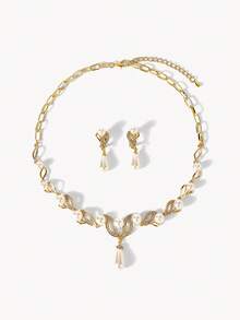 Opalesca 歐美時尚豪華鍍金項鍊與耳夾套裝，無須穿耳即可佩戴，有金色與銀色可選 - 金色 - 查看 8