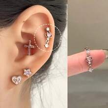 1pc Fashionable Minimalist New Micro-Inlaid Diamond Heart Stainless Steel Cartilage Earring - Silver - View 1