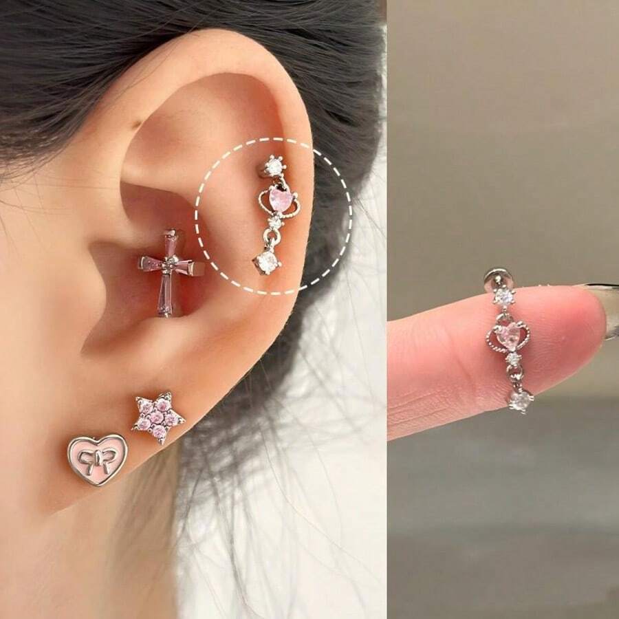 1pc Fashionable Minimalist New Micro-Inlaid Diamond Heart Stainless Steel Cartilage Earring - Silver - View 1