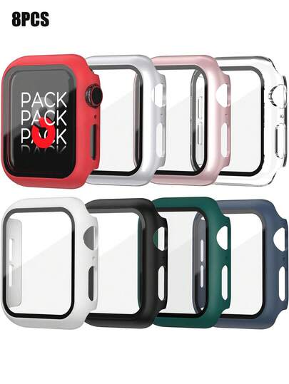 8pcs/Set Men Women Pc + Tempered Glass Integrated Case, Anti-Drop Fashionable Casual Protective Cover, For Apple Watch Case 40/41/42/44/45/46/49mm, For Apple Watch Series Ultra/SE/11/10/9/8/7/6/5/4, Intelligent Watch Case Accessories