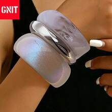 GNIT Multi-Piece Chunky Resin Bangle Set: Iridescent Shimmer, Cloudy White & Silver Plated Bracelets – Stackable Wide Cuff For Cyber Y2K Retro Fashion Jewelry - Translucent White Silver Flash - View 2