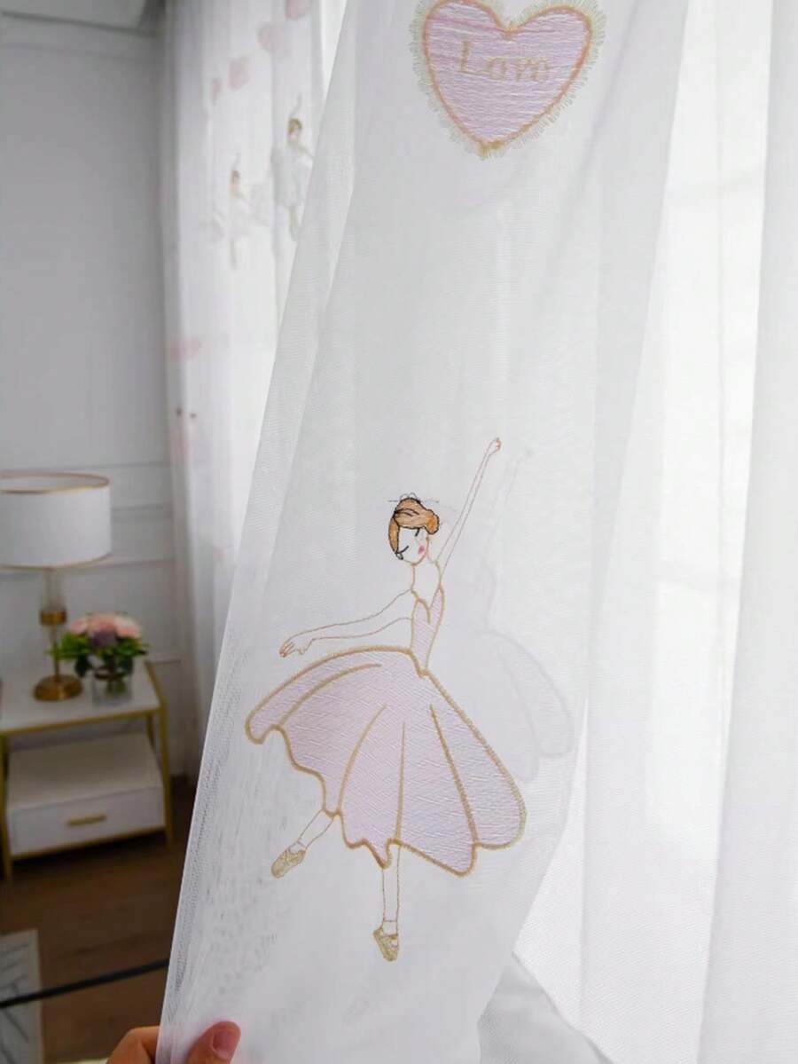 1pc Embroidered Tulle Curtain With Dancing Girl Design, Princess Style For Yoga/Dance Studio - Multicolor - View 1