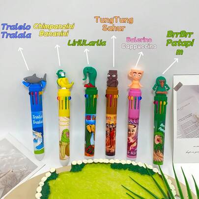 3pcs Random Unique Italian Design 10-Color Ballpoint Pens - 6 Styles Shanhaijing Inspired Push-Button Multi-Color Ballpoint Pens - Cute Figurine Pen Tips - Special School Supplies - Back To School Essential Small Gift - Multi-Color Planner Pens/Highlighters